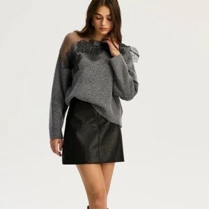 NWT Floral lace Gray Sweater with semi sheer shoulder and floral details med